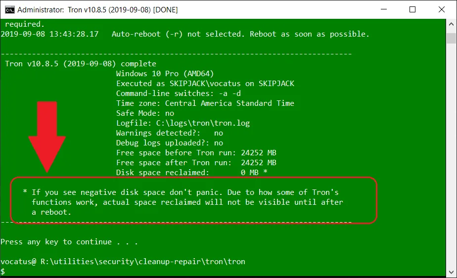 Tron finished with a successful cleanup result